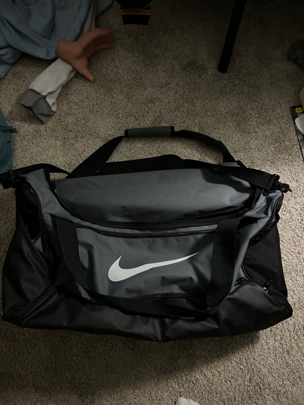 Nike Black and Gray Duffel Bag with White Swoosh